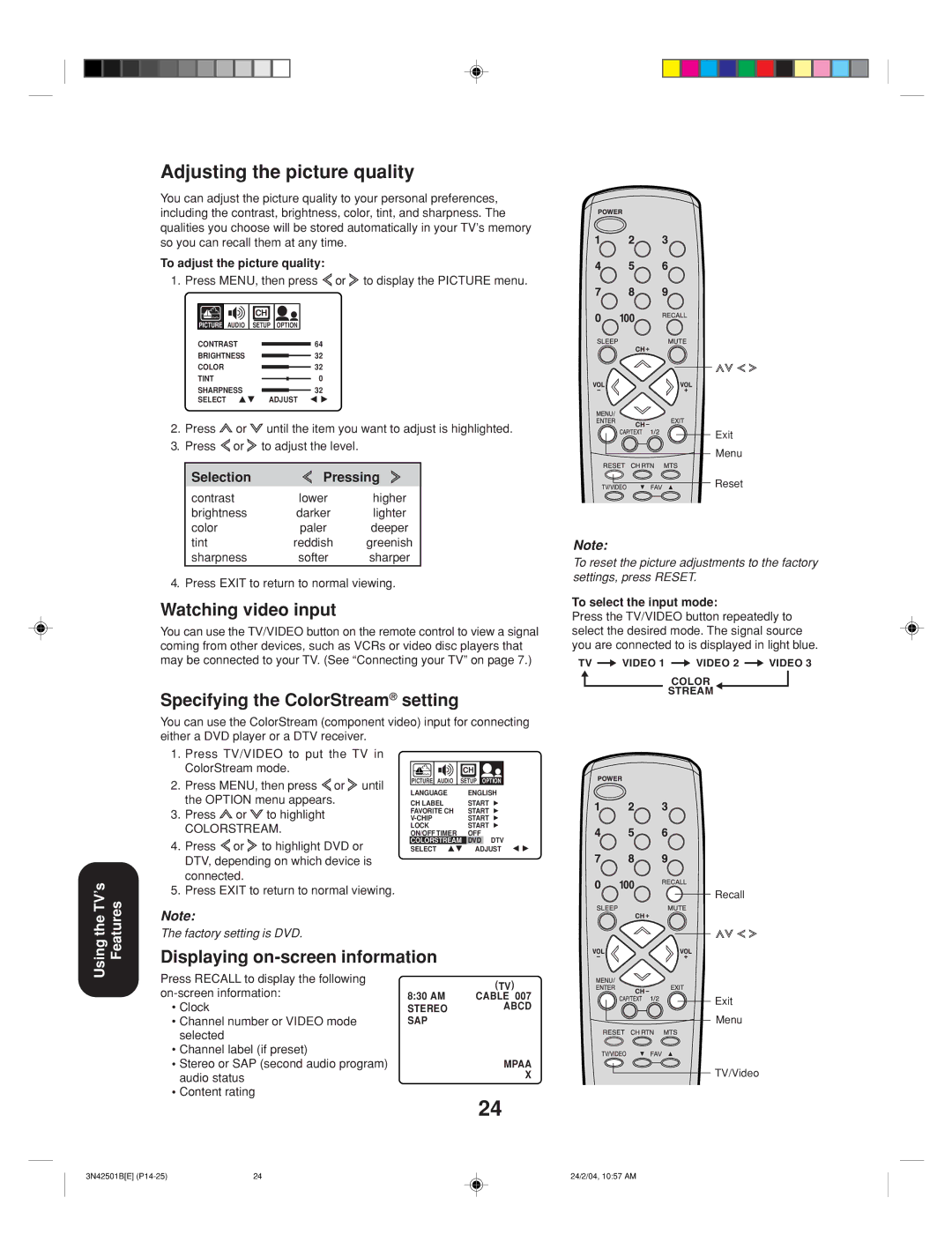 Toshiba 27A34 appendix Watching video input, Specifying the ColorStream setting, Displaying on-screen information 