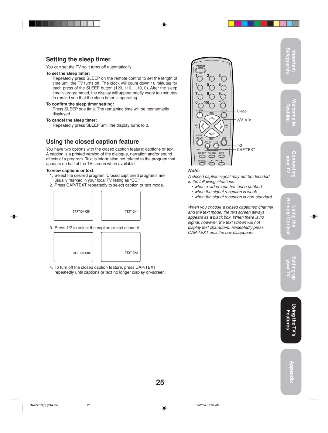 Toshiba 27A34 appendix Setting the sleep timer, Using the closed caption feature 