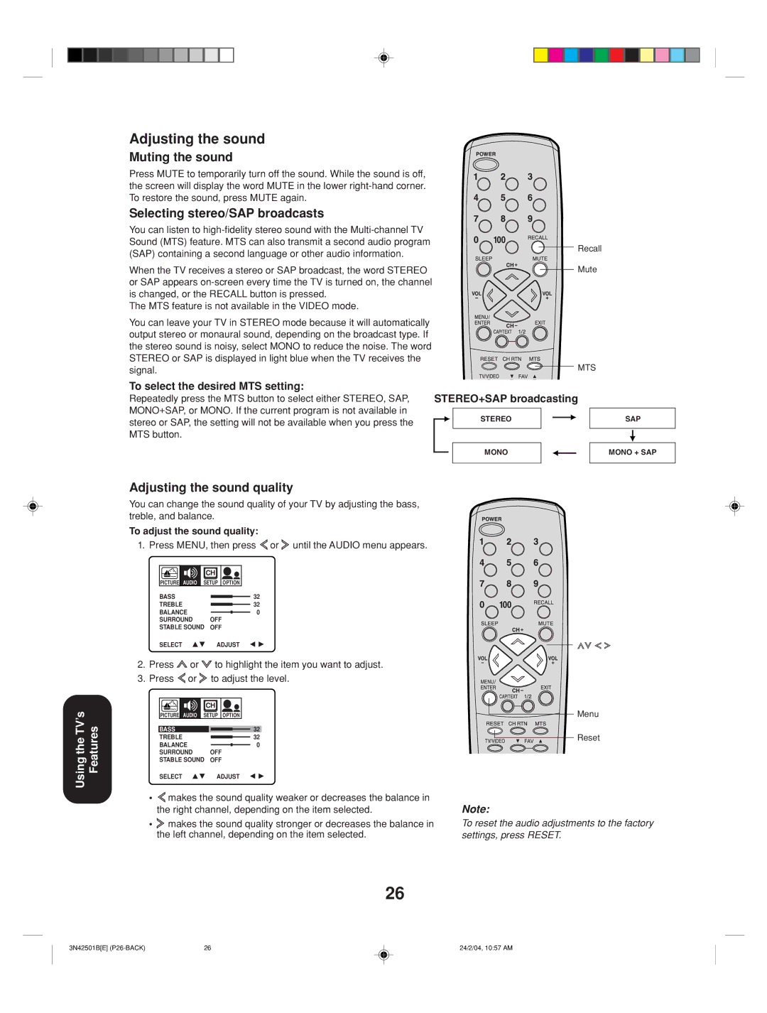 Toshiba 27A34 appendix Muting the sound, Selecting stereo/SAP broadcasts, Adjusting the sound quality 