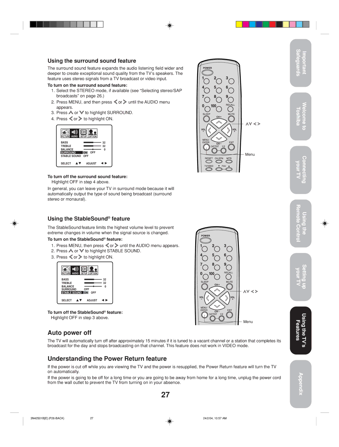 Toshiba 27A34 appendix Auto power off, Understanding the Power Return feature, Using the surround sound feature 