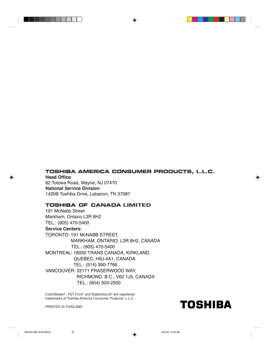 Toshiba 27A34 appendix Service#&Centers#!!$%% 