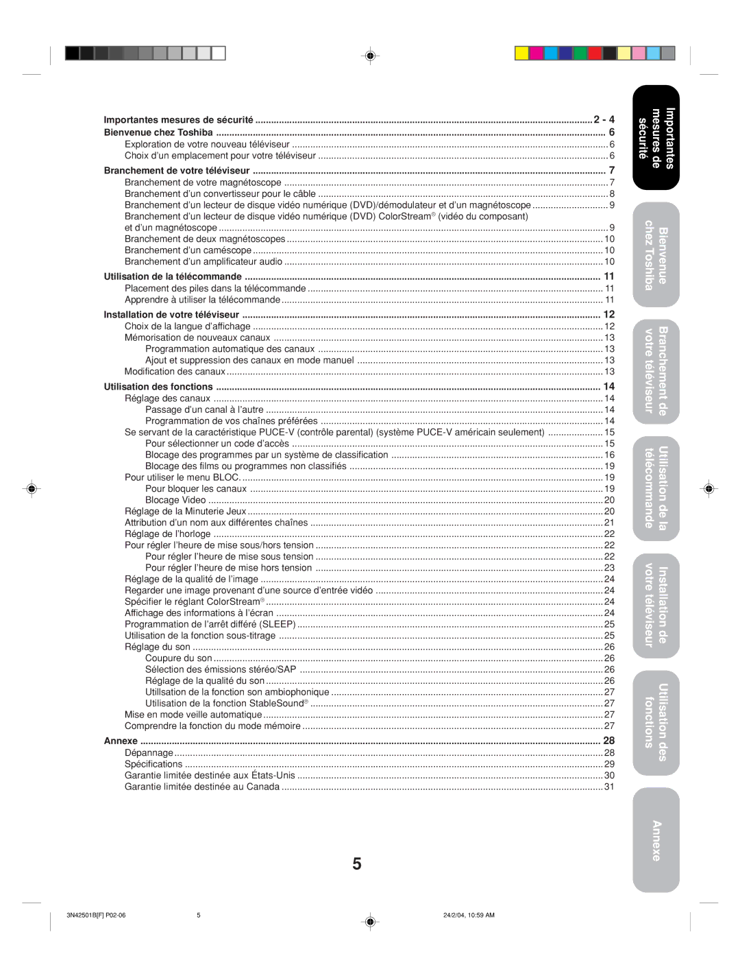 Toshiba 27A34 appendix Importantes mesures de sécurité Bienvenue chez Toshiba, Branchement de votre téléviseur, Annexe 