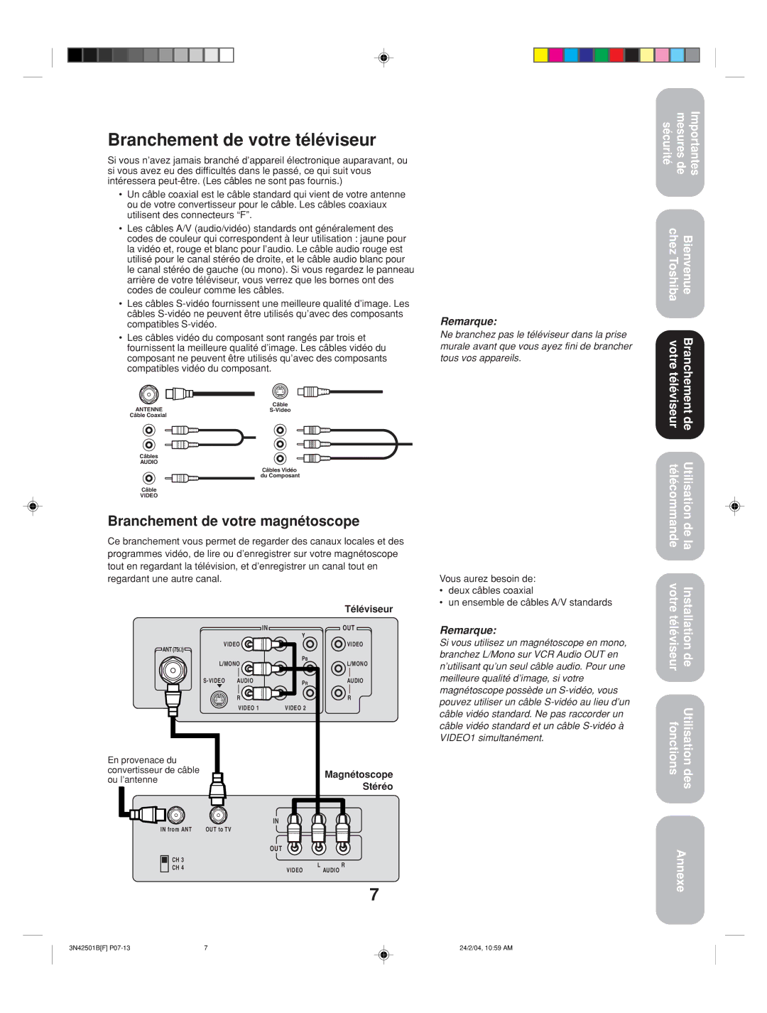 Toshiba 27A34 appendix Branchement de votre téléviseur, Branchement de votre magnétoscope, Téléviseur, Magnétoscope Stéréo 