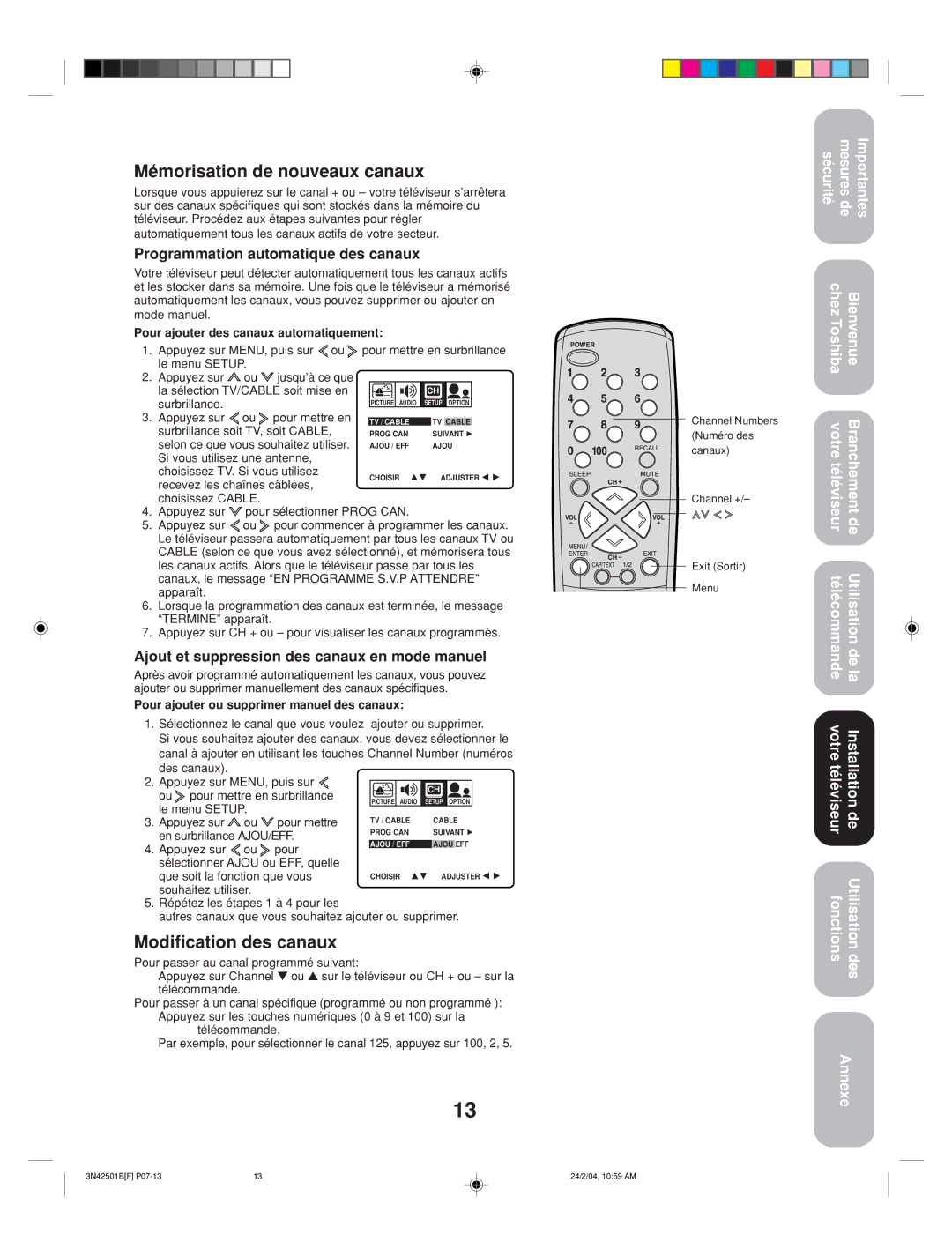 Toshiba 27A34 appendix Mémorisation de nouveaux canaux, Modification des canaux, Programmation automatique des canaux 