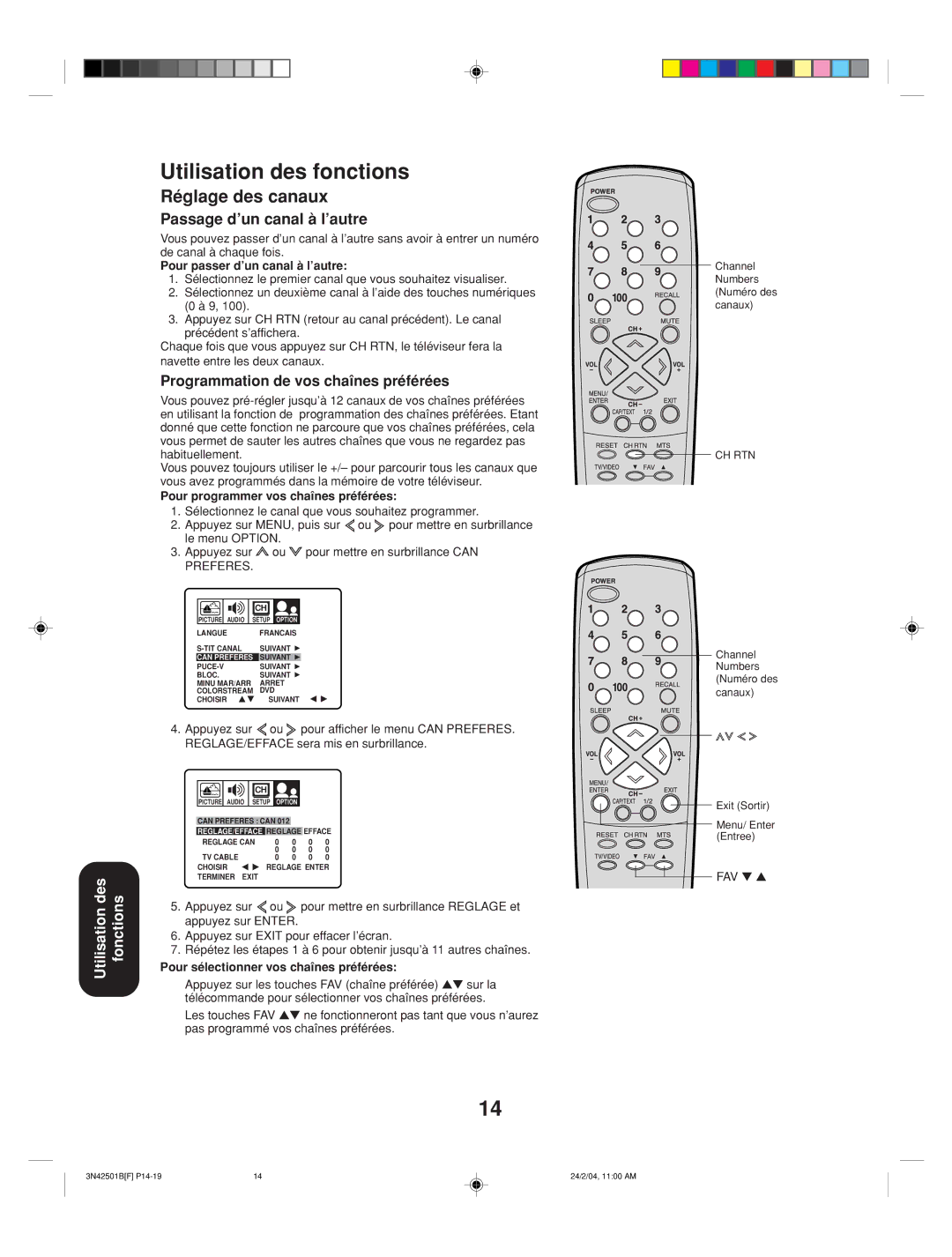 Toshiba 27A34 appendix Utilisation des fonctions, Réglage des canaux, Passage d’un canal à l’autre 