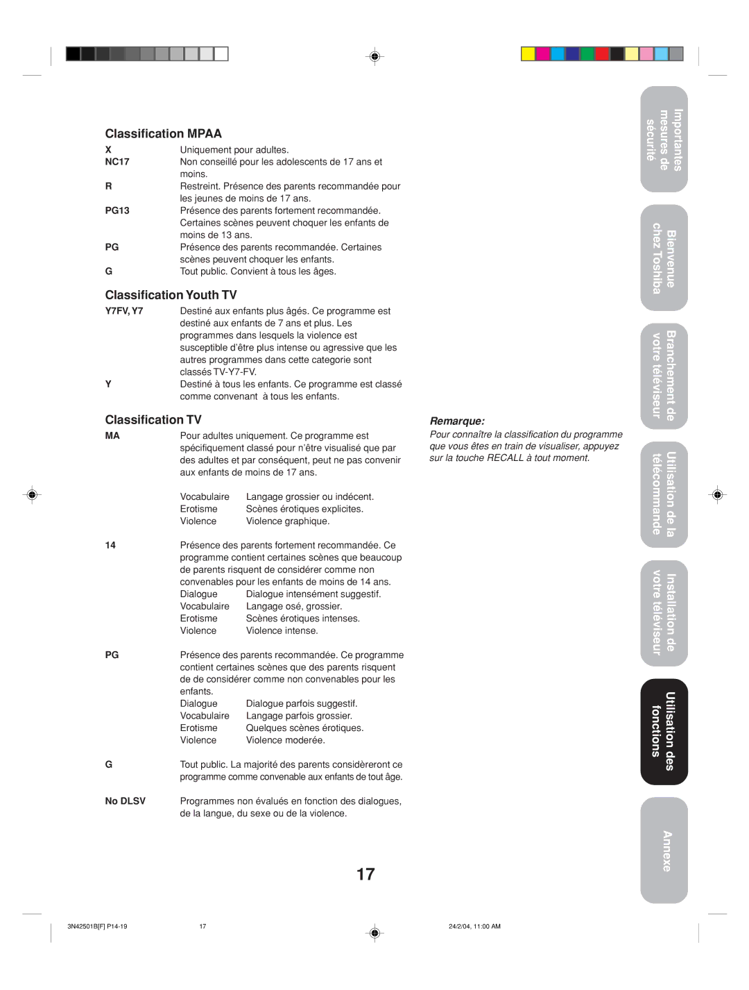 Toshiba 27A34 appendix Classification Mpaa, Classification Youth TV, Classification TV 