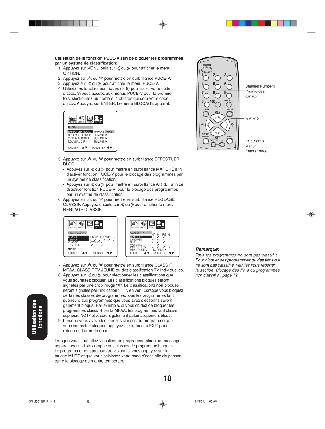 Toshiba 27A34 appendix Appuyez sur Menu puis sur ou pour afficher le menu, Option 