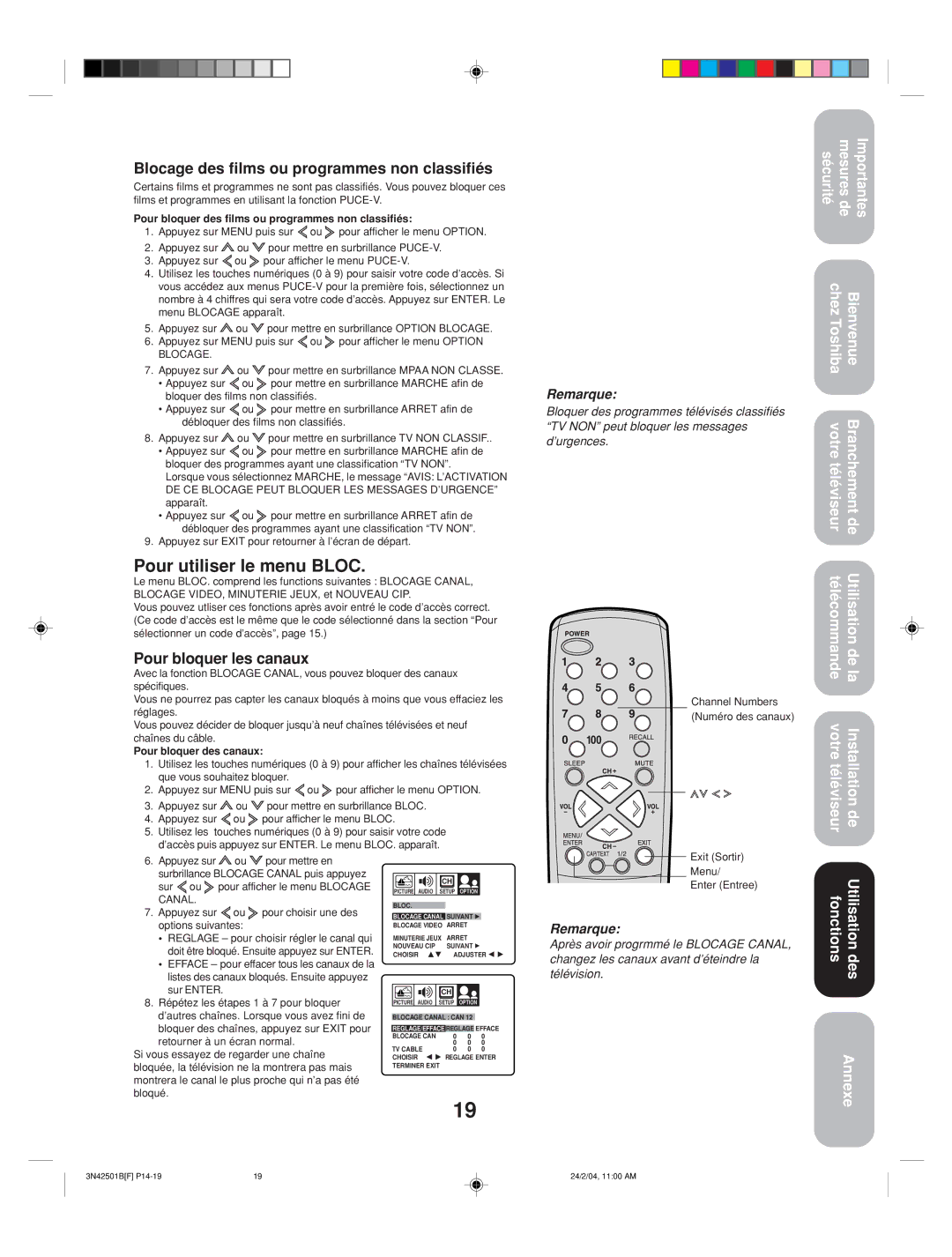 Toshiba 27A34 appendix Pour utiliser le menu Bloc, Blocage des films ou programmes non classifiés, Pour bloquer les canaux 