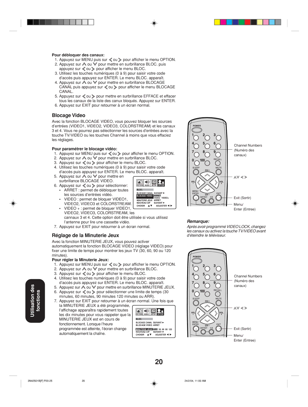 Toshiba 27A34 appendix Blocage Video, Réglage de la Minuterie Jeux 