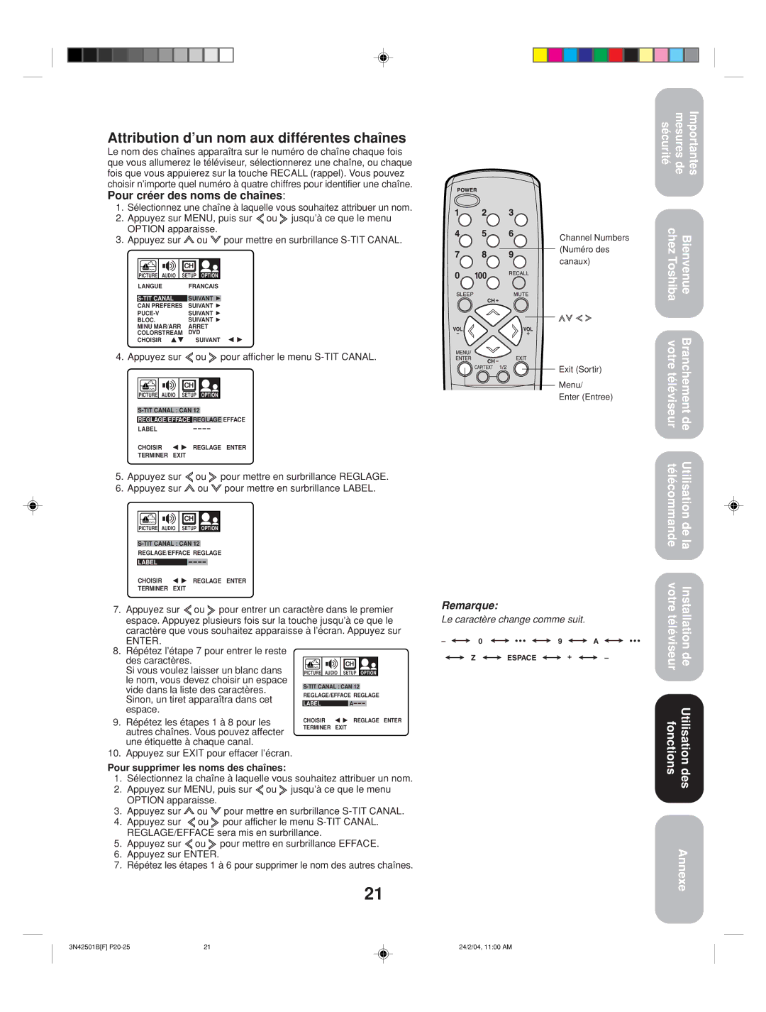 Toshiba 27A34 appendix Attribution d’un nom aux différentes chaînes, Appuyez sur Ou pour afficher le menu S-TIT Canal 