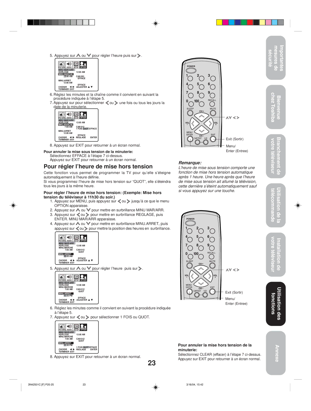 Toshiba 27A34 appendix Pour régler l’heure de mise hors tension 