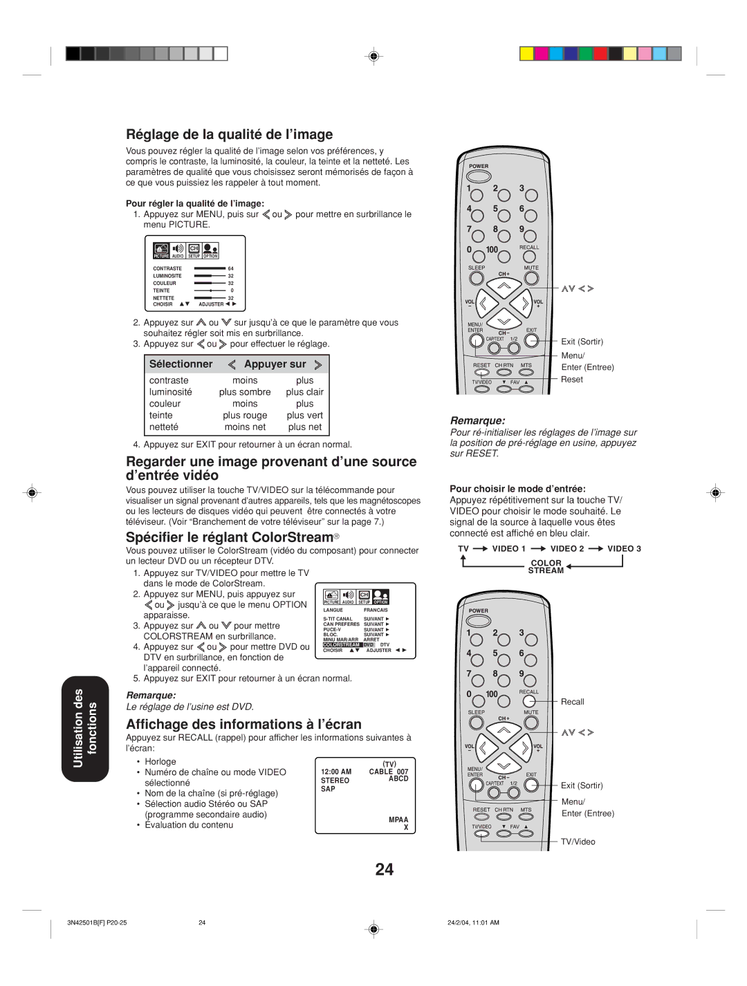 Toshiba 27A34 appendix Réglage de la qualité de l’image, Regarder une image provenant d’une source d’entrée vidéo 