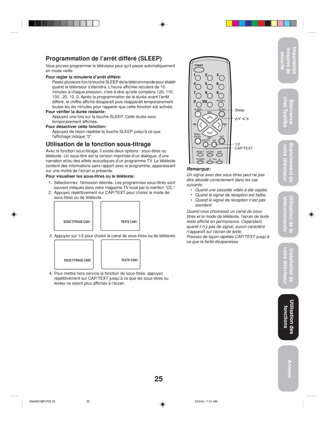 Toshiba 27A34 appendix Programmation de l’arrêt différé Sleep, Utilisation de la fonction sous-titrage 