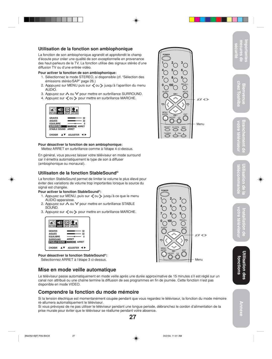 Toshiba 27A34 appendix Mise en mode veille automatique, Comprendre la fonction du mode mémoire 