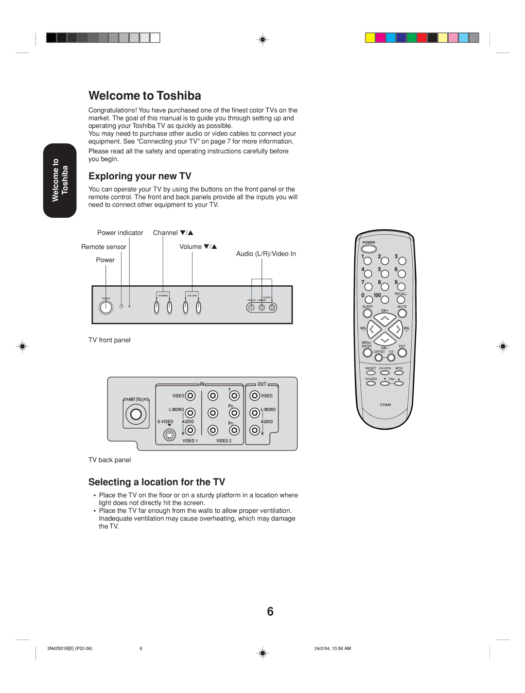 Toshiba 27A34 Welcome to Toshiba, Exploring your new TV, Selecting a location for the TV, TV front panel, TV back panel 