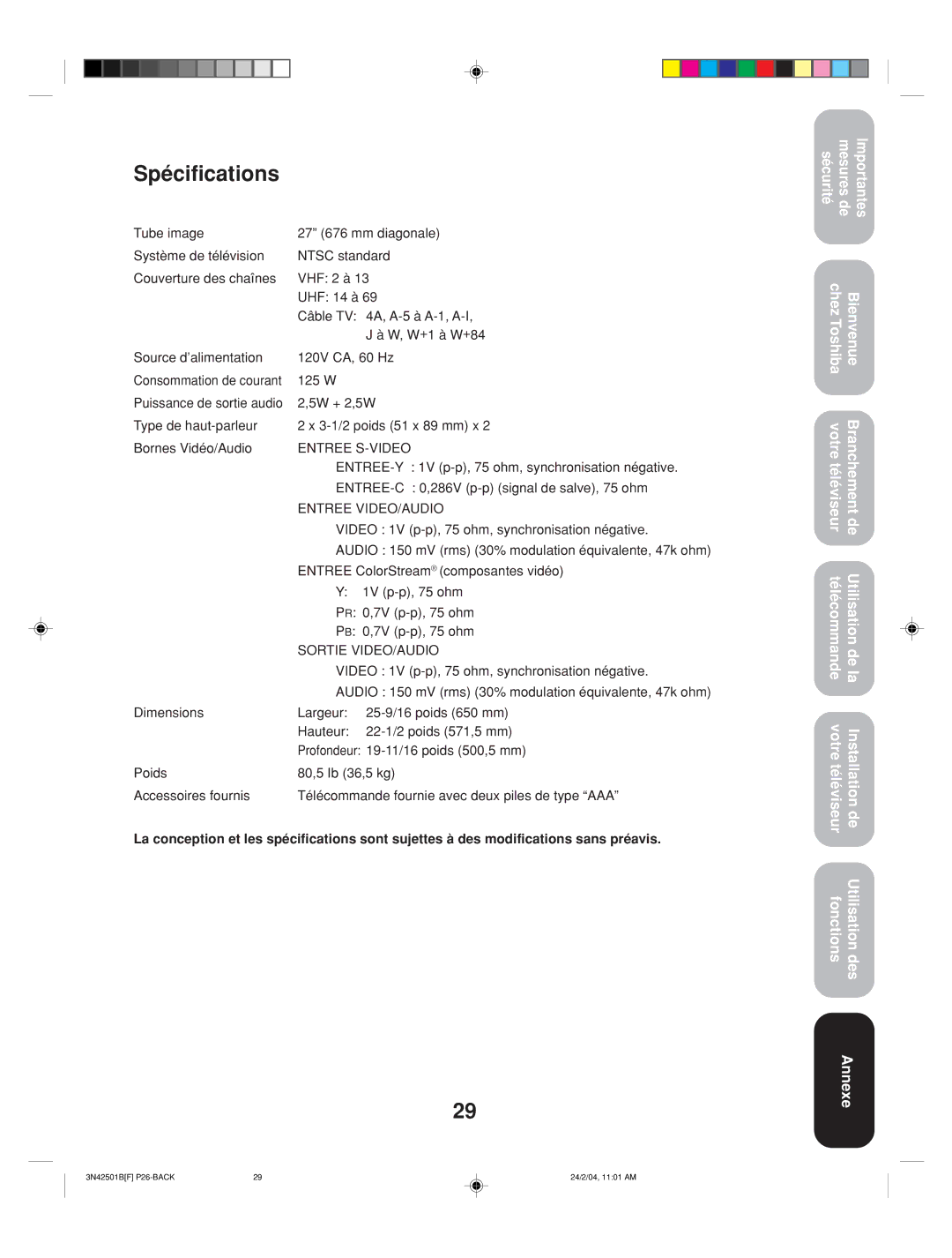 Toshiba 27A34 appendix Spécifications, Entree S-VIDEO 