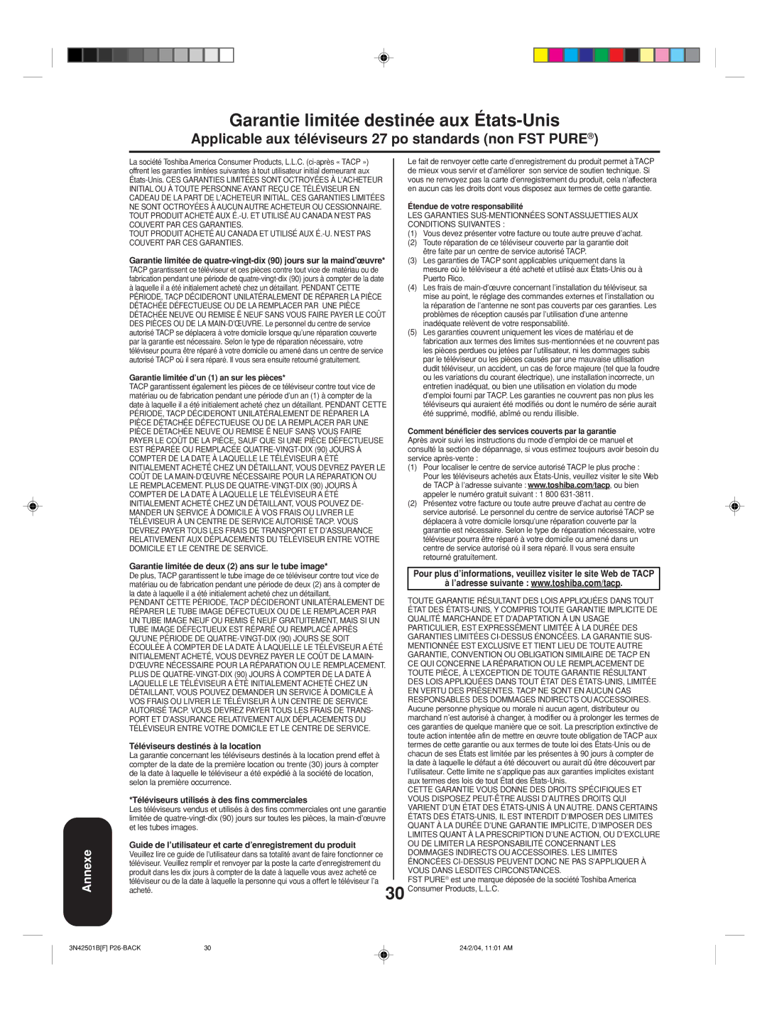 Toshiba 27A34 appendix Garantie limitée destinée aux États-Unis, Applicable aux téléviseurs 27 po standards non FST Pure 