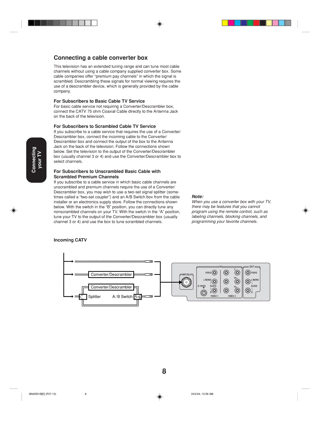 Toshiba 27A34 appendix Connecting a cable converter box, For Subscribers to Basic Cable TV Service 