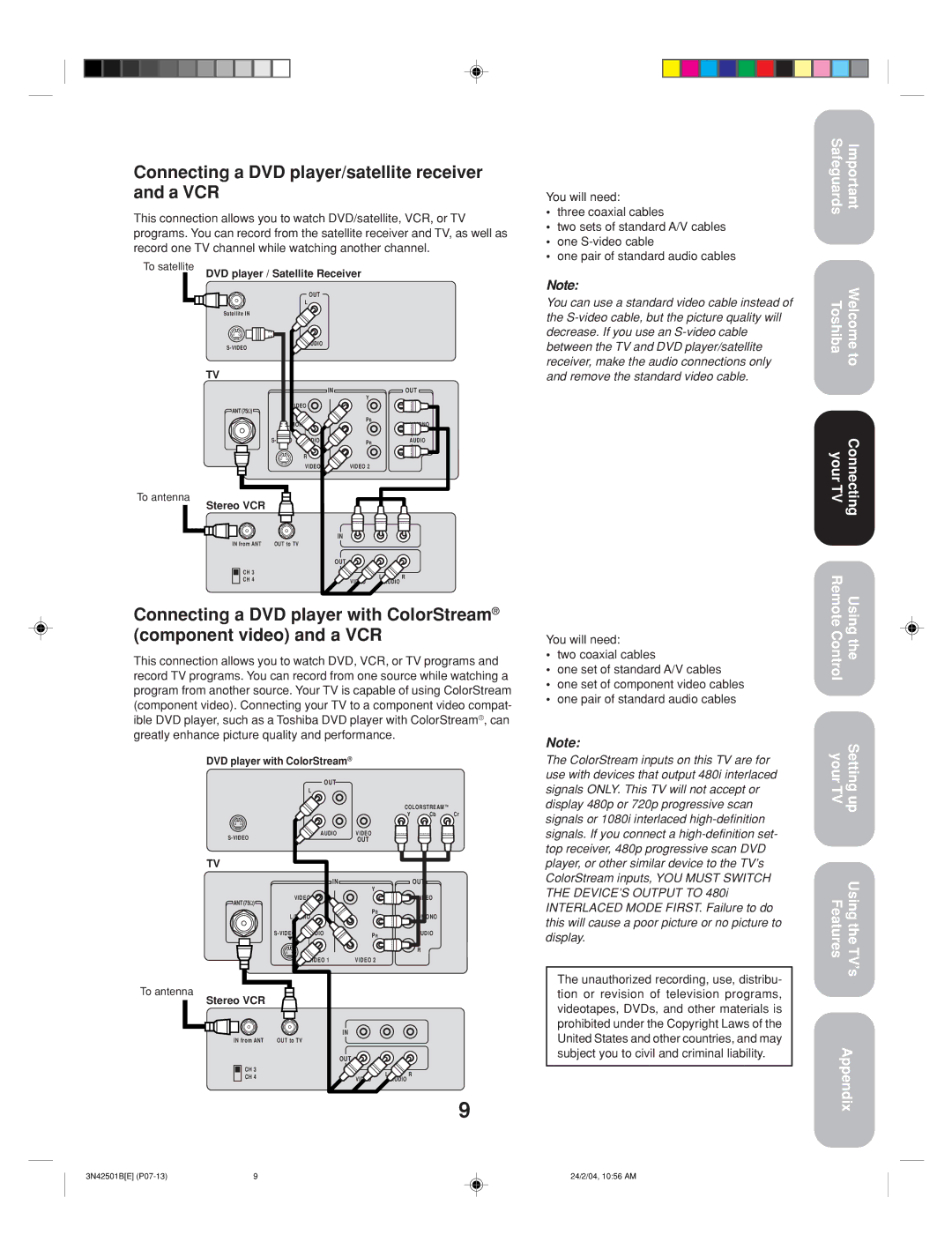 Toshiba 27A34 appendix Connecting a DVD player/satellite receiver and a VCR, To satellite DVD player / Satellite Receiver 