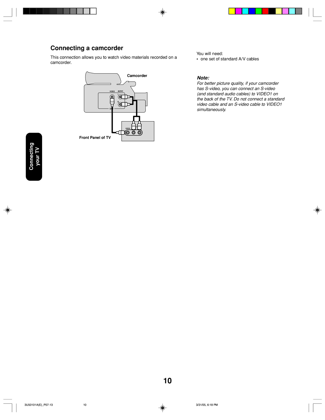 Toshiba 27A35C appendix Connecting a camcorder, You will need One set of standard A/V cables 