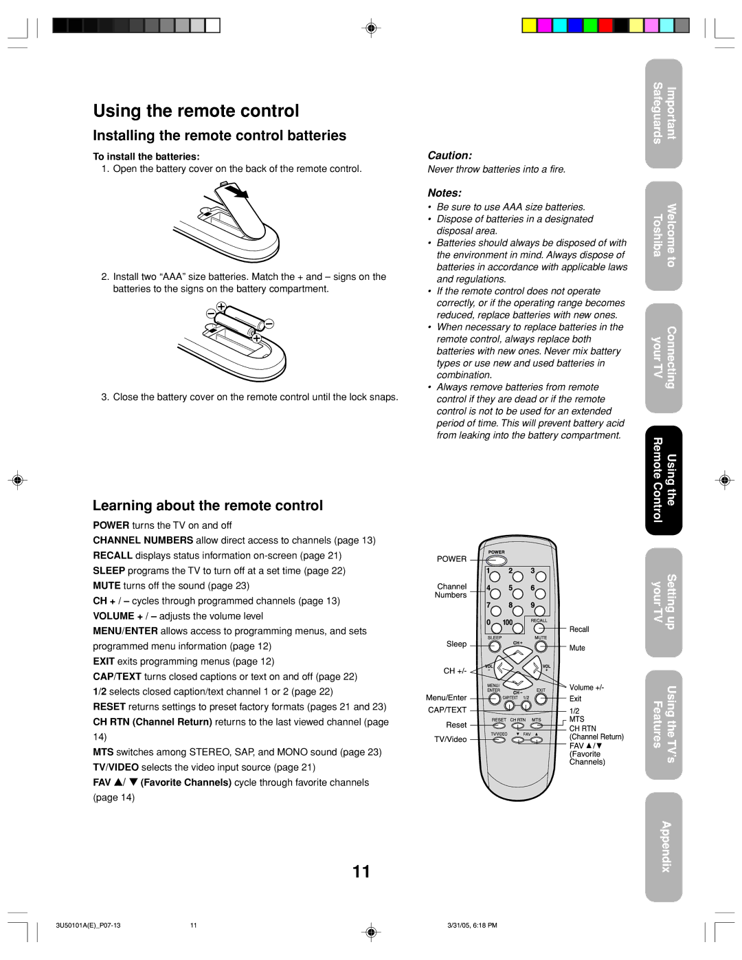 Toshiba 27A35C Using the remote control, Installing the remote control batteries, Learning about the remote control 