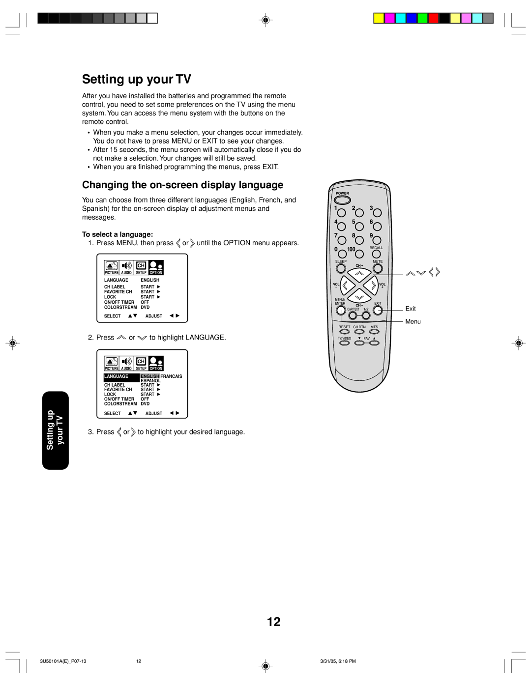 Toshiba 27A35C appendix Setting up your TV, Changing the on-screen display language, To select a language, Press 