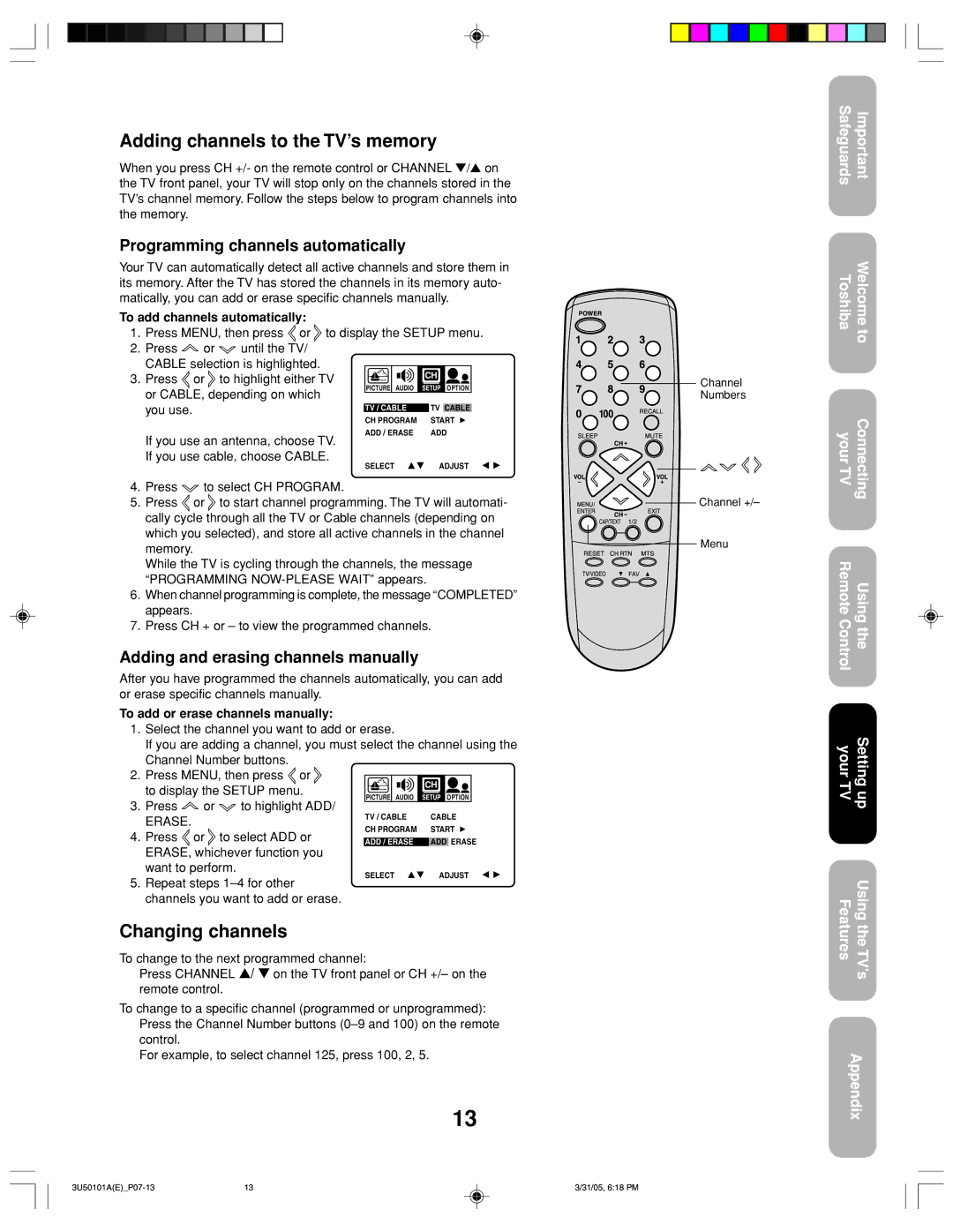 Toshiba 27A35C appendix Adding channels to the TV’s memory, Changing channels, Programming channels automatically 