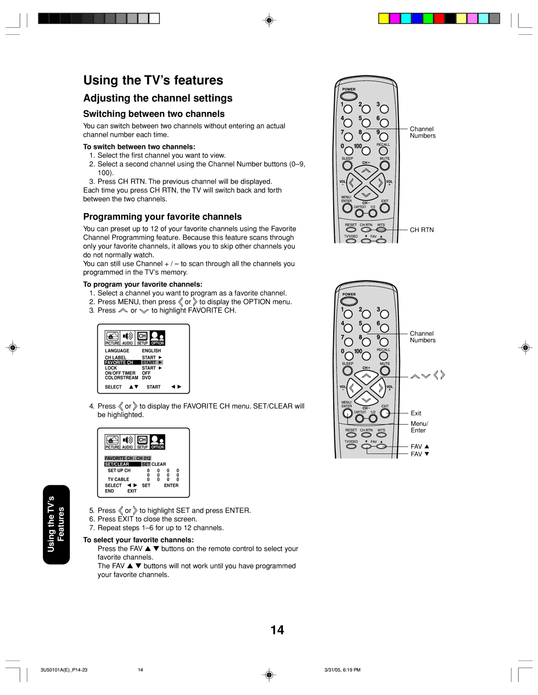 Toshiba 27A35C appendix Using the TV’s features, Adjusting the channel settings, Switching between two channels 