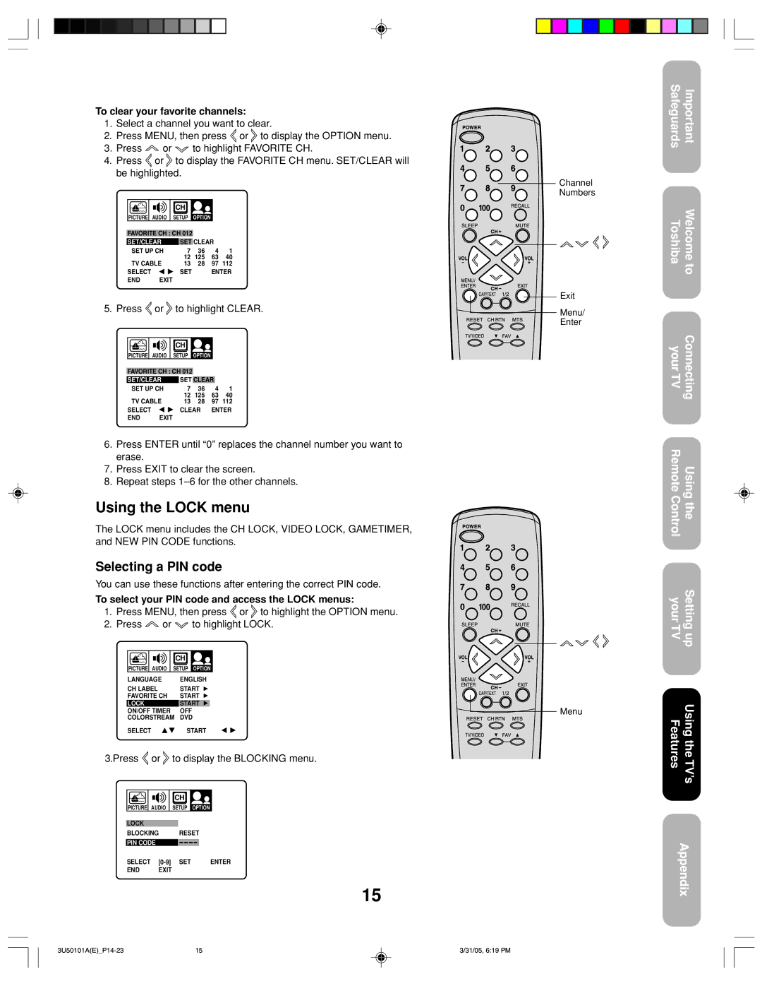 Toshiba 27A35C appendix Using the Lock menu, Selecting a PIN code, To clear your favorite channels 