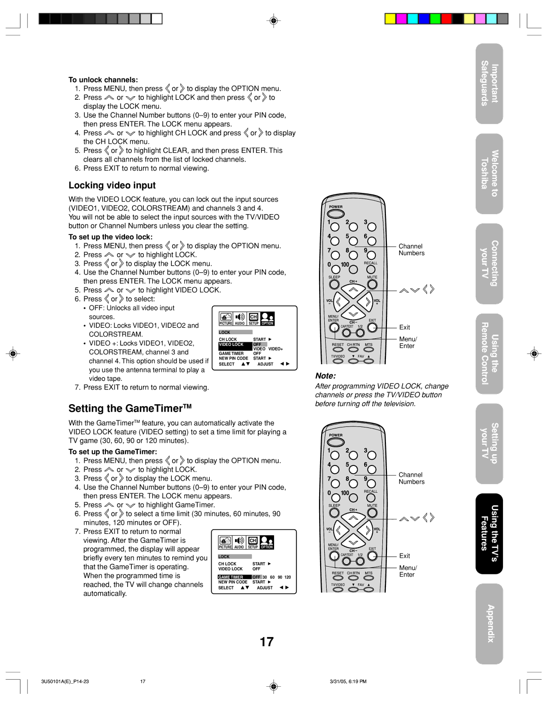 Toshiba 27A35C appendix Locking video input, To unlock channels, To set up the video lock 