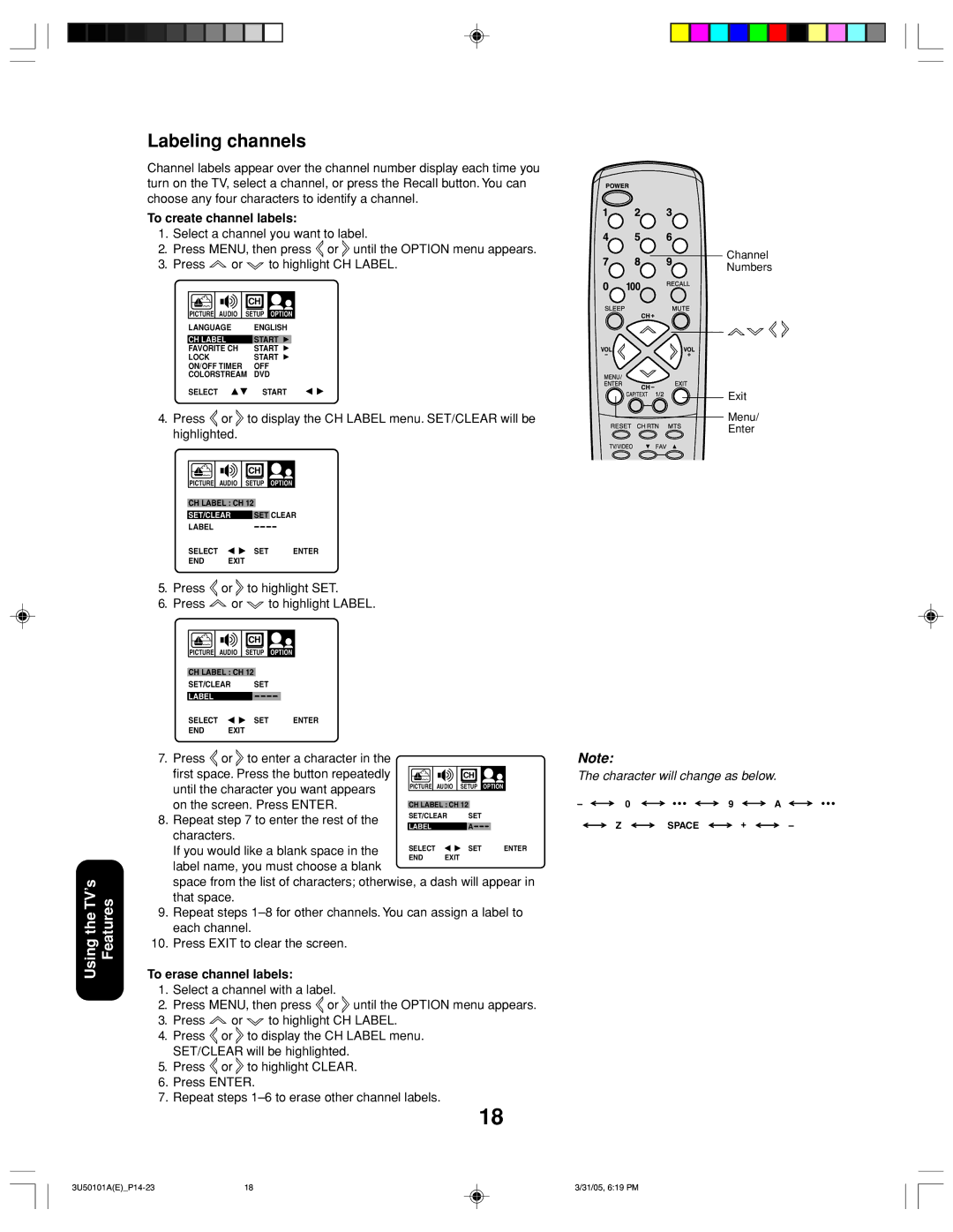 Toshiba 27A35C appendix Labeling channels, To create channel labels, To erase channel labels 