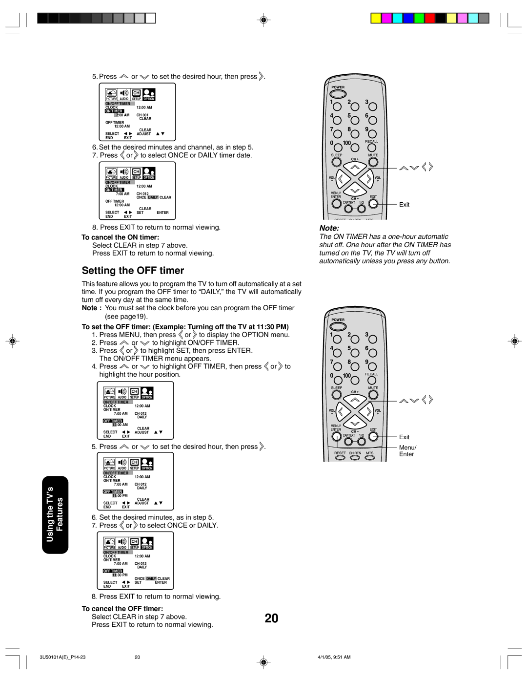 Toshiba 27A35C appendix Setting the OFF timer 