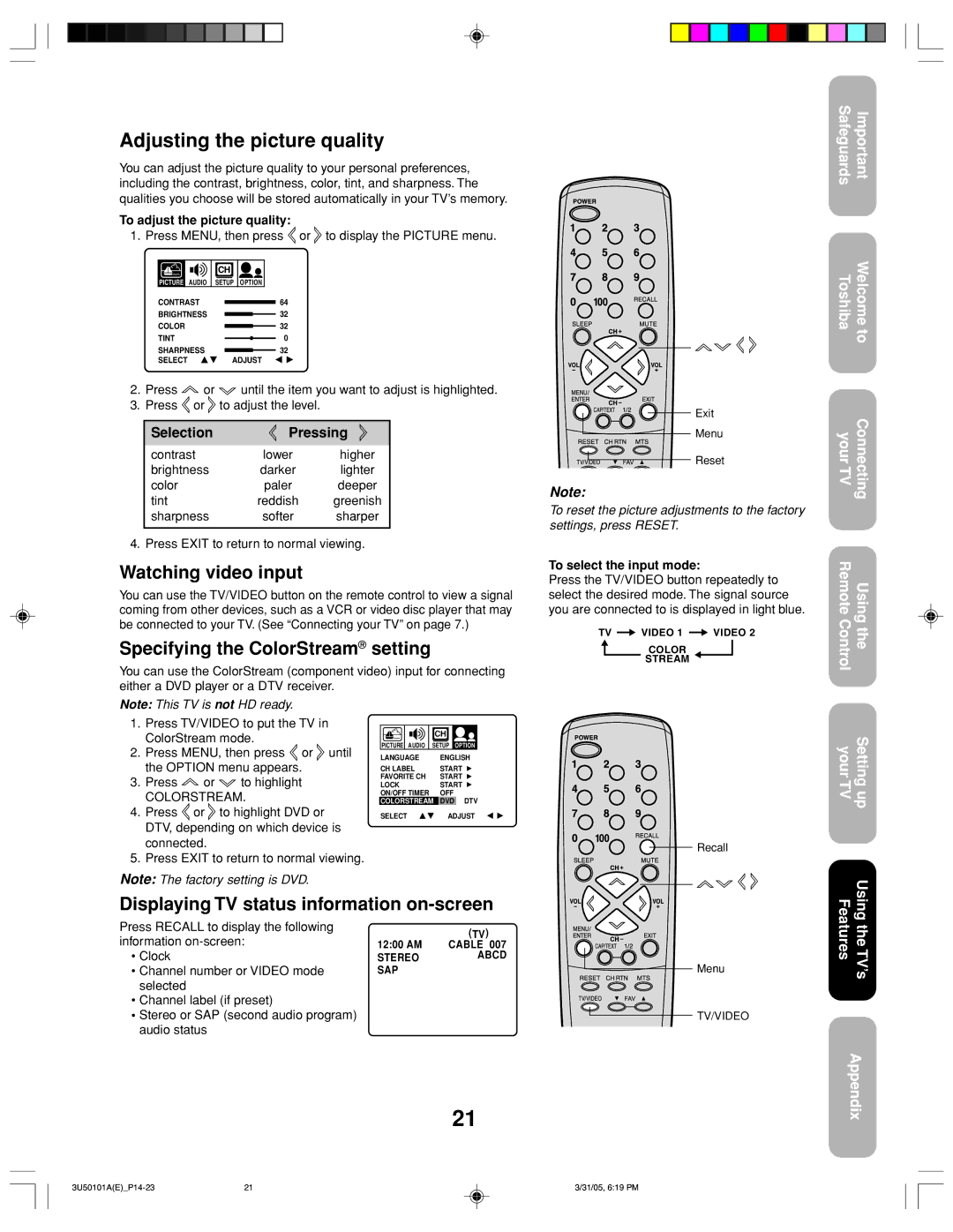 Toshiba 27A35C Watching video input, Specifying the ColorStream setting, Displaying TV status information on-screen 