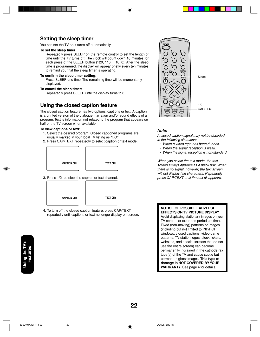 Toshiba 27A35C appendix Setting the sleep timer, Using the closed caption feature 