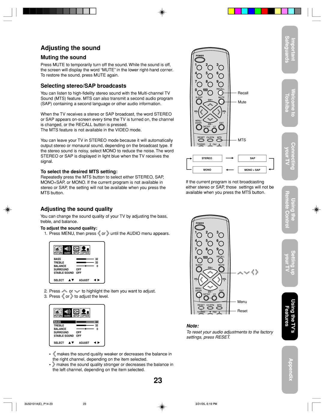 Toshiba 27A35C appendix Muting the sound, Selecting stereo/SAP broadcasts, Adjusting the sound quality 