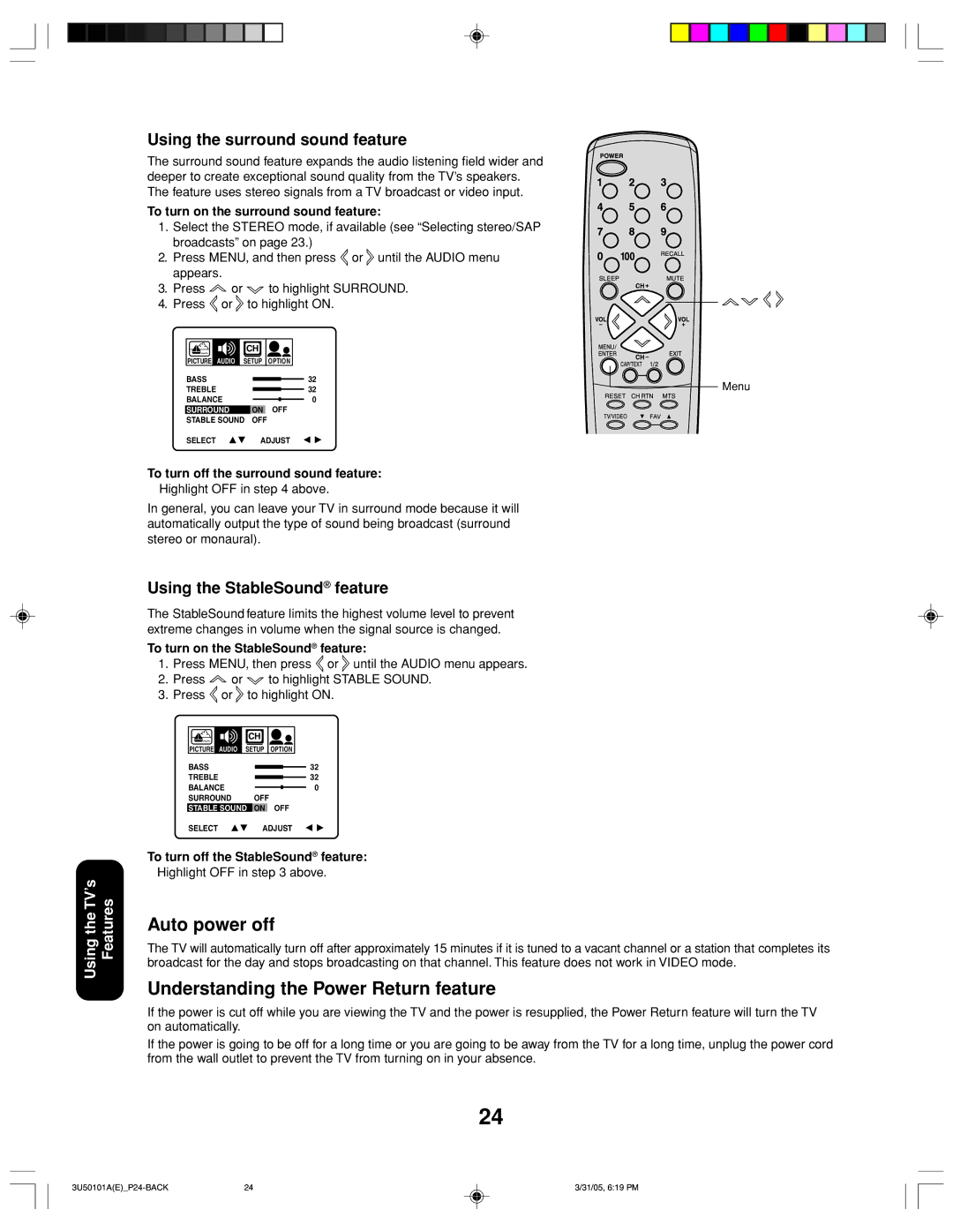 Toshiba 27A35C appendix Auto power off, Understanding the Power Return feature, Using the surround sound feature 