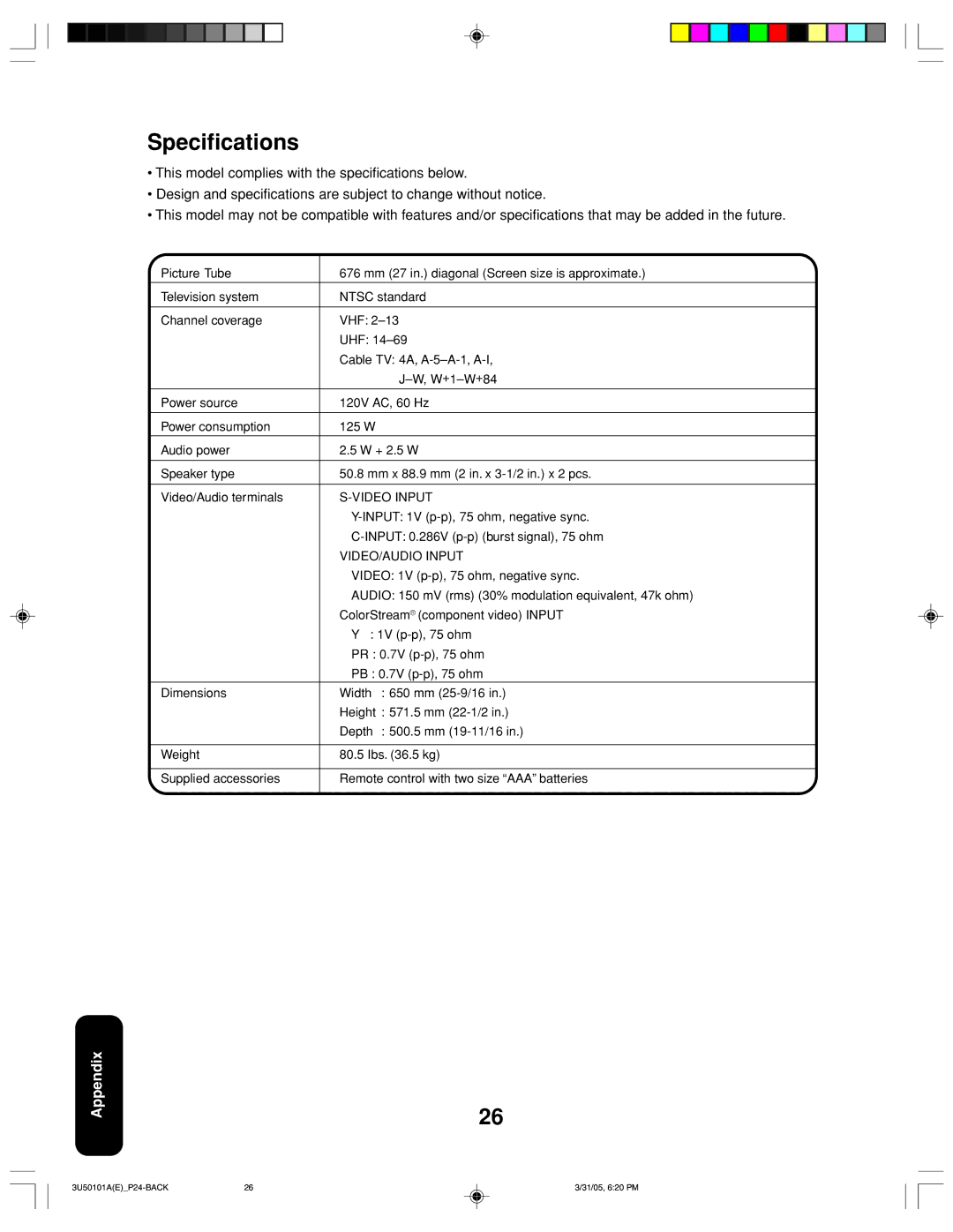 Toshiba 27A35C appendix Specifications 