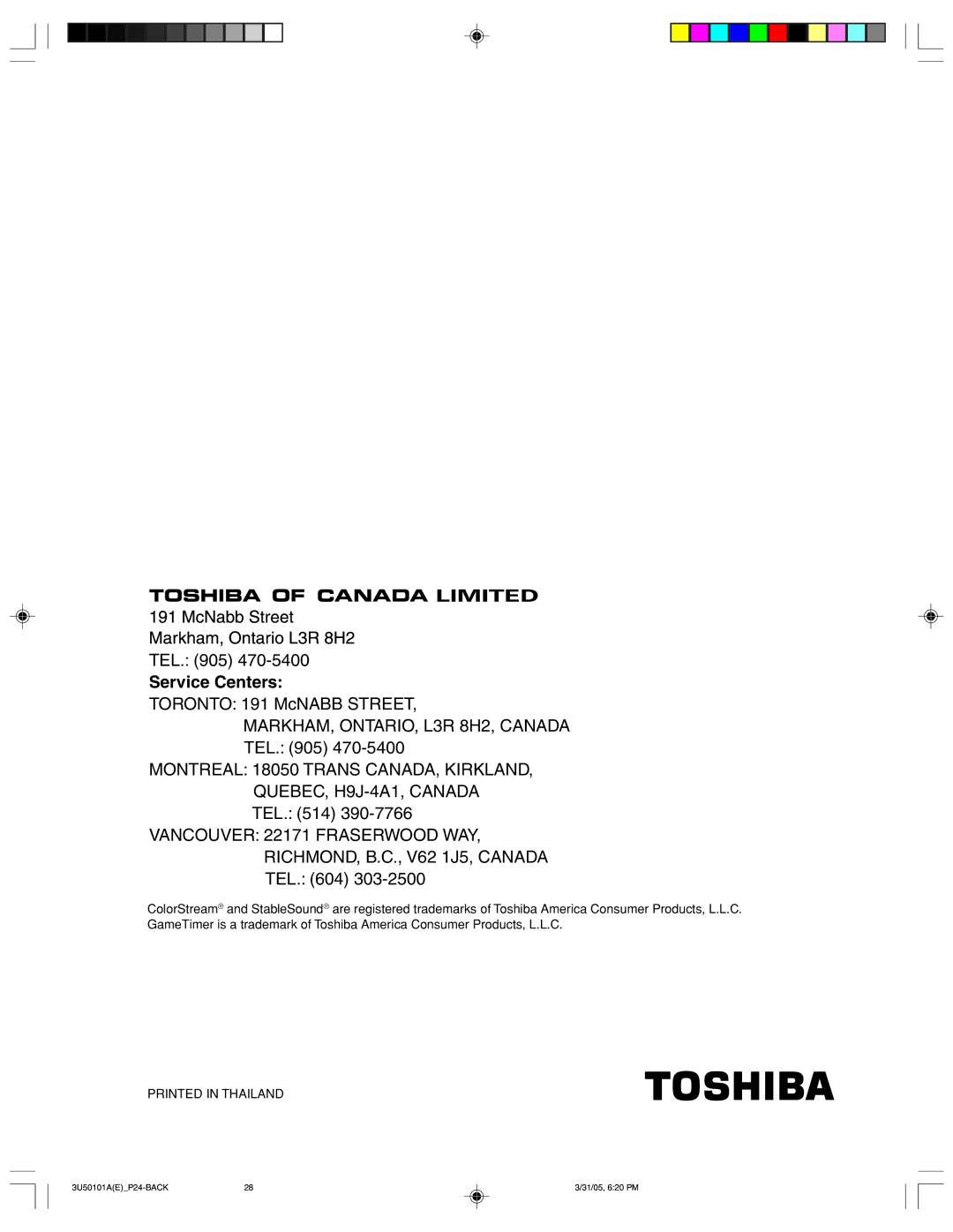 Toshiba 27A35C appendix Service Centers 