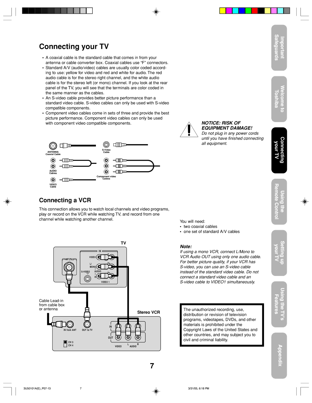 Toshiba 27A35C appendix Connecting your TV, Connecting a VCR, Stereo VCR 