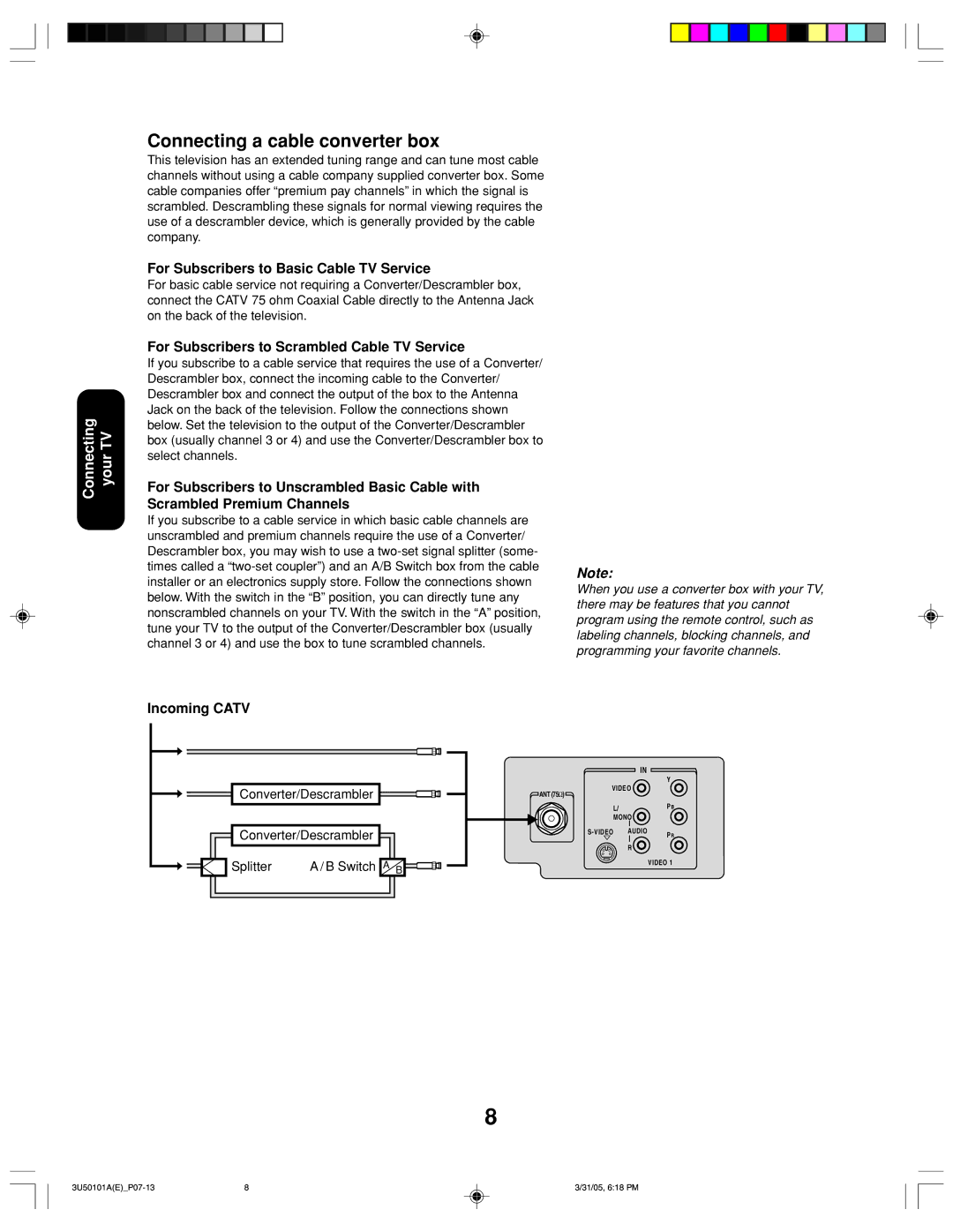 Toshiba 27A35C appendix Connecting a cable converter box, Converter/Descrambler Splitter Switch a B 