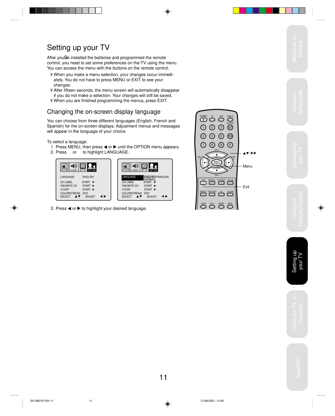 Toshiba 27A41 appendix Setting up your TV, Changing the on-screen display language, To select a language 