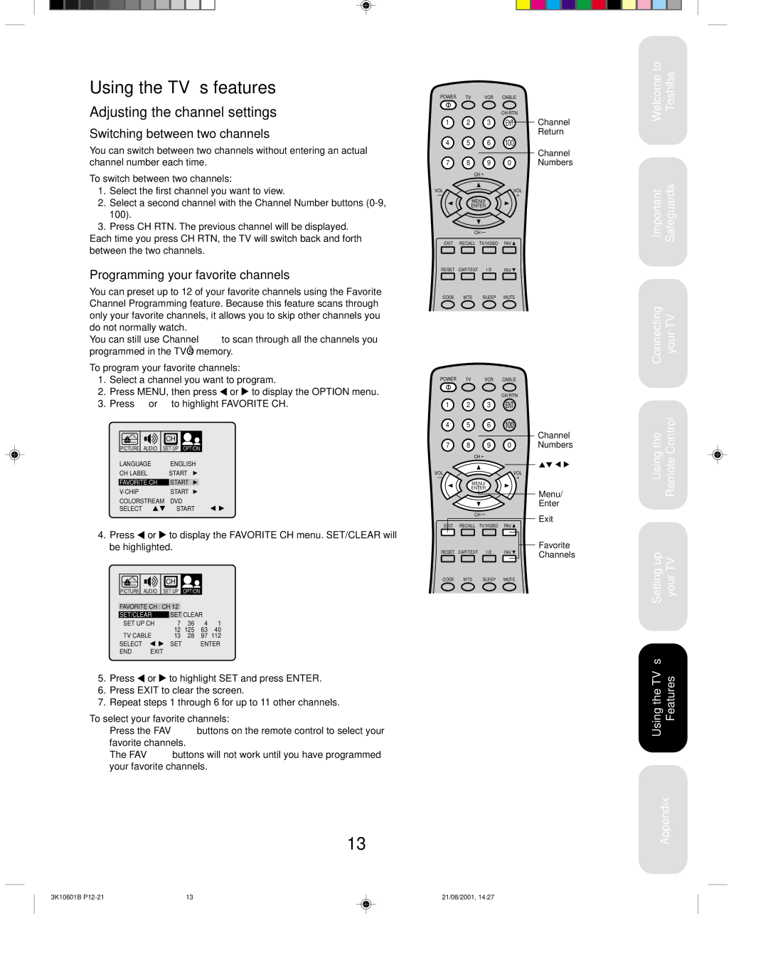 Toshiba 27A41 appendix Using the TV’s features, Adjusting the channel settings, Switching between two channels 