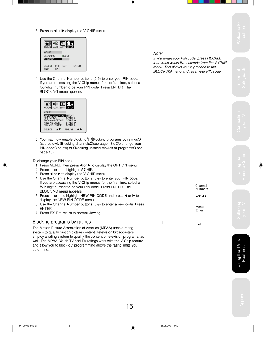 Toshiba 27A41 appendix Blocking programs by ratings, Press to or display the V-CHIP menu, To change your PIN code 