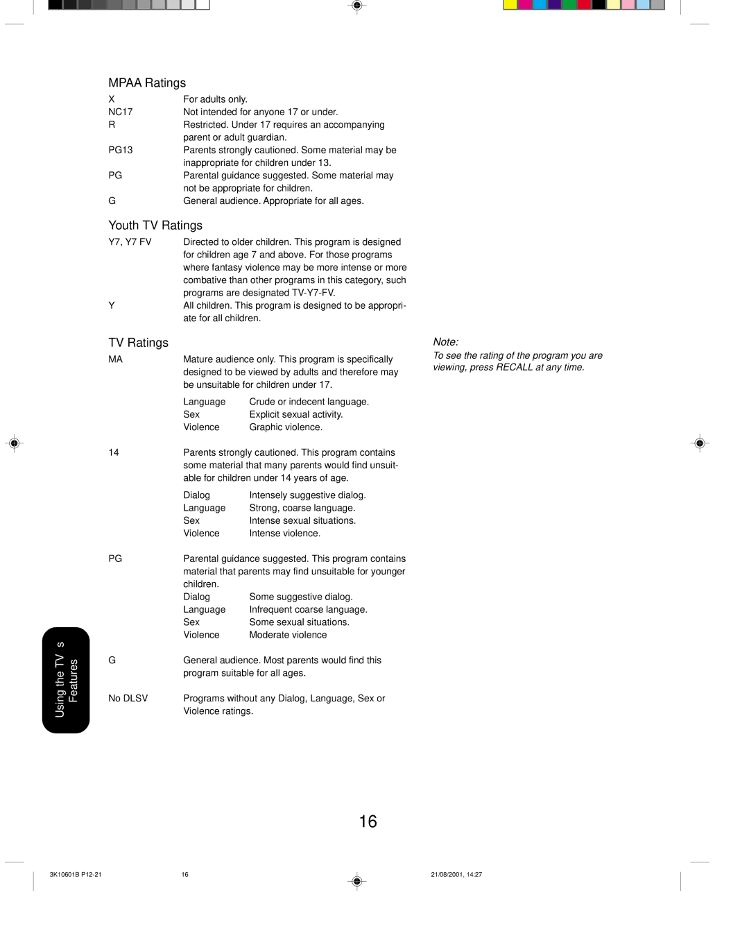 Toshiba 27A41 appendix Mpaa Ratings, Youth TV Ratings 