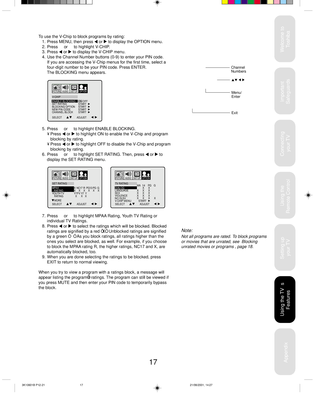 Toshiba 27A41 appendix To use the V-Chip to block programs by rating, Blocking menu appears 