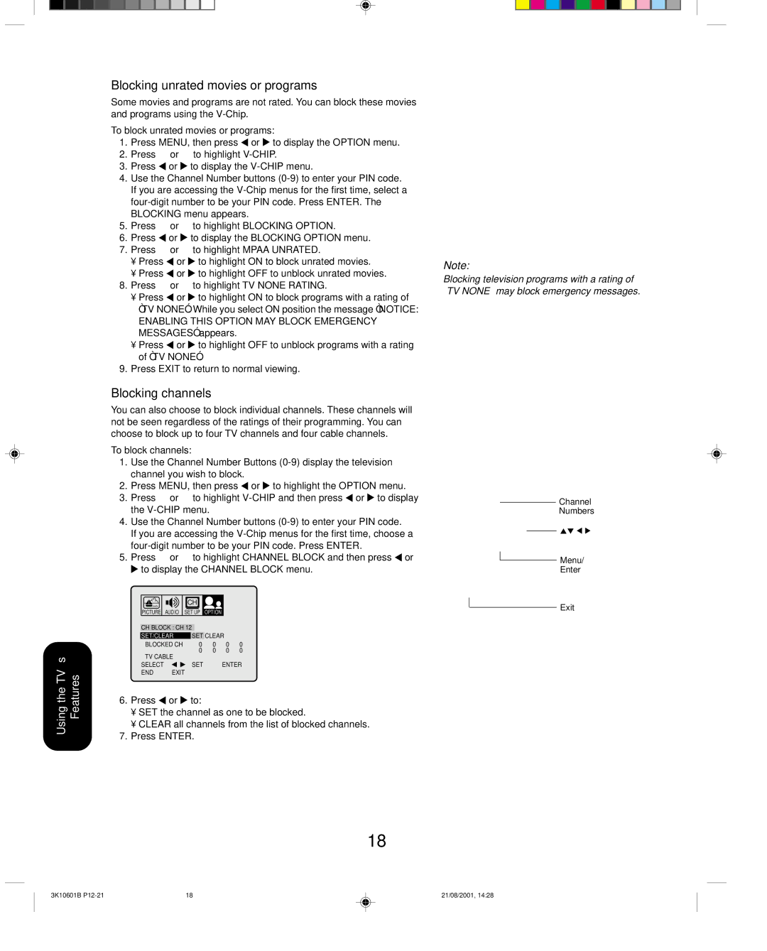 Toshiba 27A41 appendix Blocking unrated movies or programs, Blocking channels, To block unrated movies or programs 