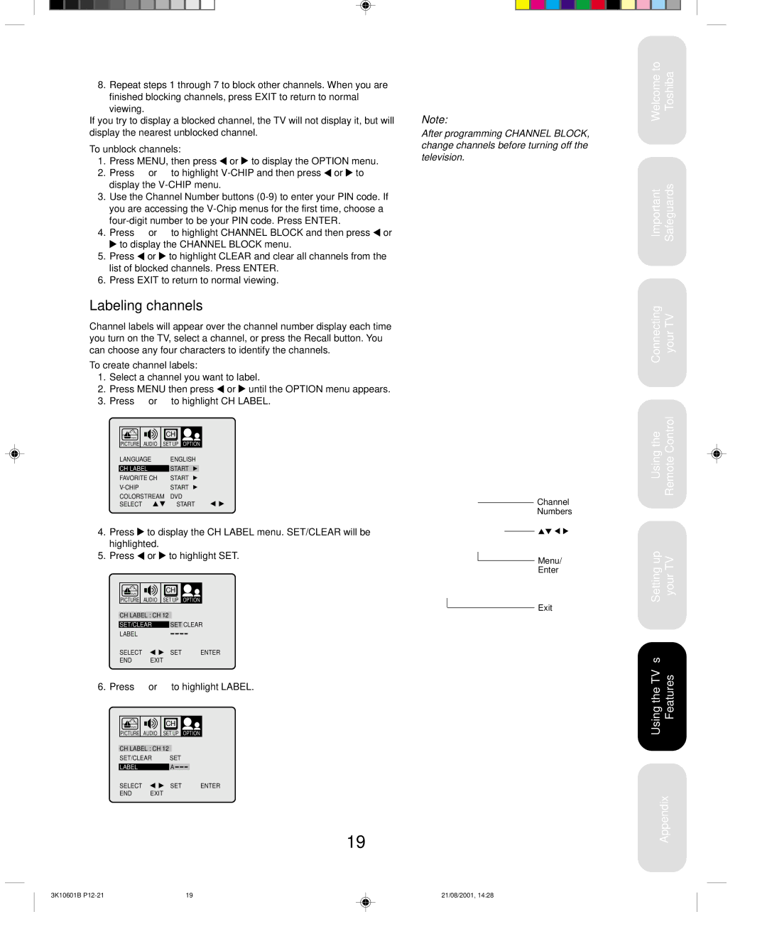 Toshiba 27A41 appendix Labeling channels, To unblock channels, To create channel labels, Press or to highlight Label 