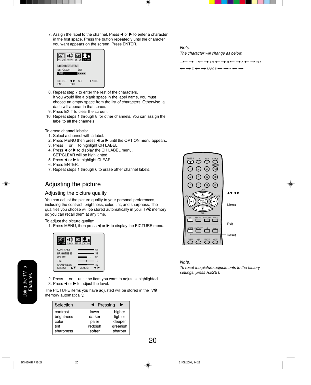 Toshiba 27A41 appendix Adjusting the picture quality, To erase channel labels, To adjust the picture quality 