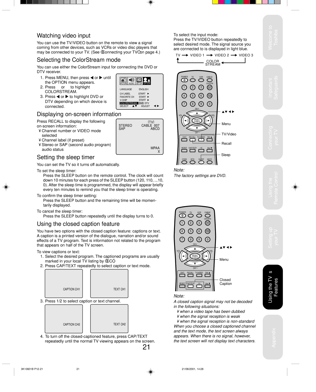 Toshiba 27A41 appendix Watching video input, Selecting the ColorStream mode, Displaying on-screen information 