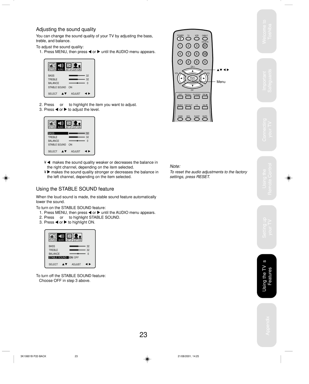 Toshiba 27A41 appendix Adjusting the sound quality, Using the Stable Sound feature, To adjust the sound quality 